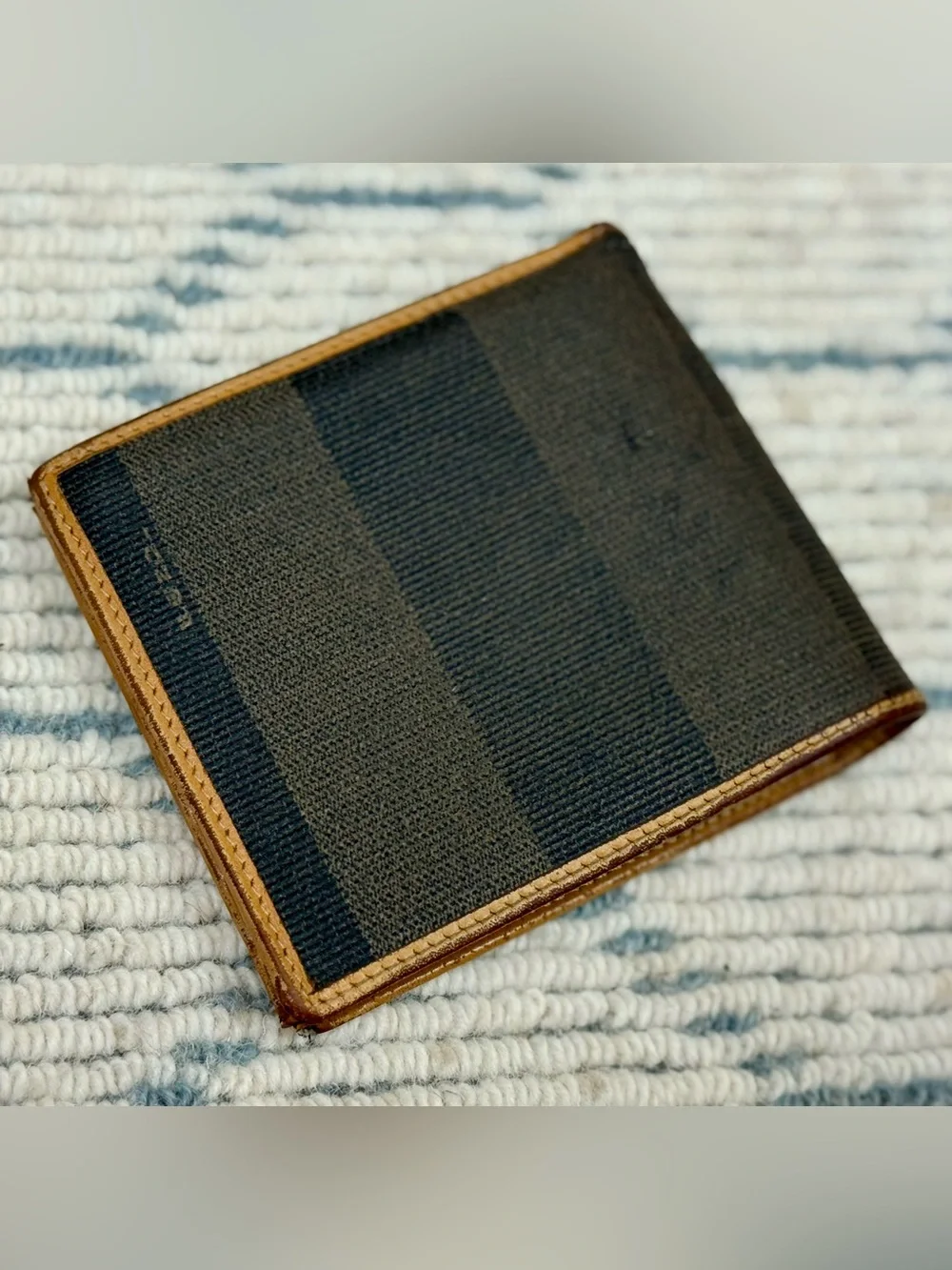 FENDI Vintage 80’s Unisex Classic Pequin Striped Canvas Brown Leather Bi Wallet - Picture 5 of 16